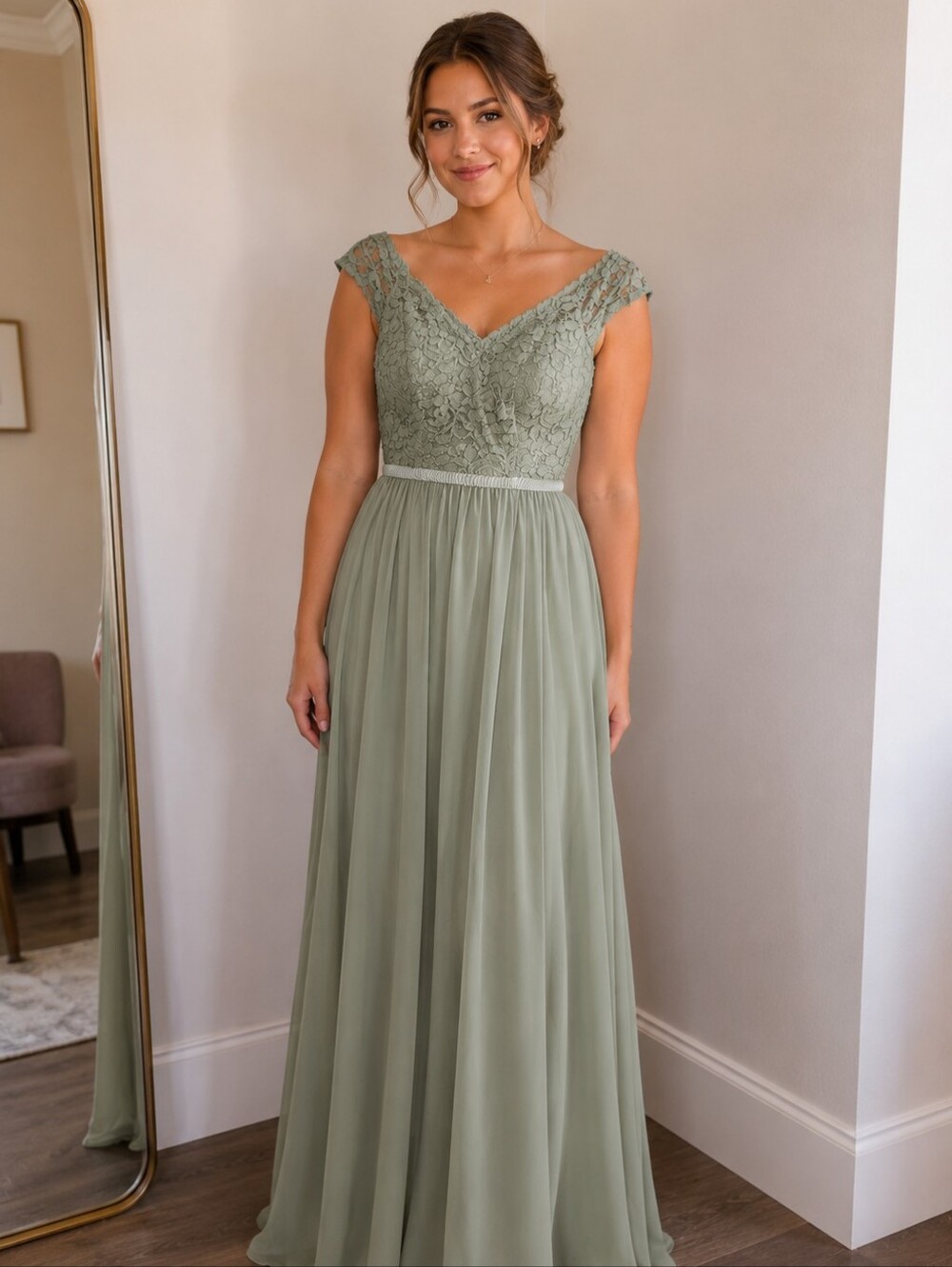 David's Bridal NWT Bridesmaid Lace Formal Floor Length Dress Modest Green